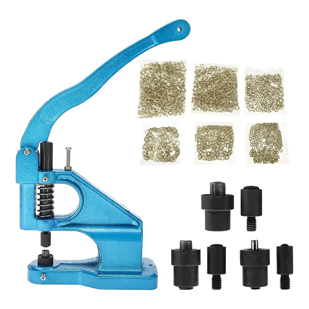 8MILELAKE Máquina de ojales de presión manual con 3 troqueles y 1500 ojales dorados, base de herramienta de perforación de ojales resistentes para pancartas, toldos, ropa, cortinas