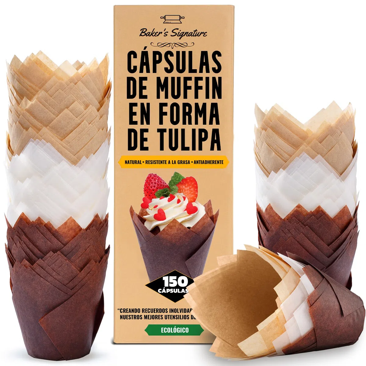Moldes Magdalenas Tulipán, 150 Pzas – Blancas, Beige y Marrones, Muffins Moldes Desechables – Papel Cupcakes para Hogar y Eventos – Fáciles de Quitar por Baker's Signature