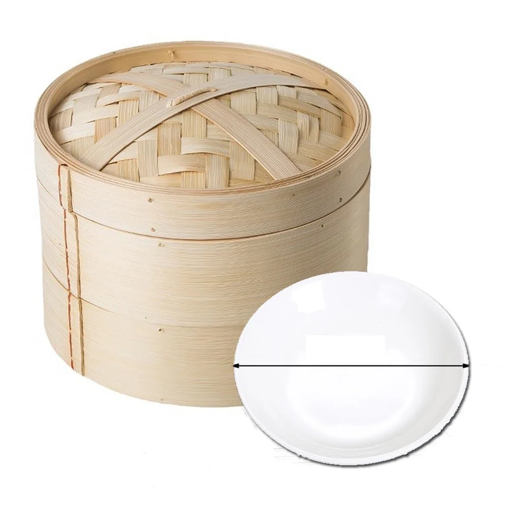 Vaporera de bambú de 15 cm, cesta de vapor de dos niveles, incluye tapa de bambú, 2 cestas de bambú, plato de 12 cm, para bollos, albóndigas, verduras