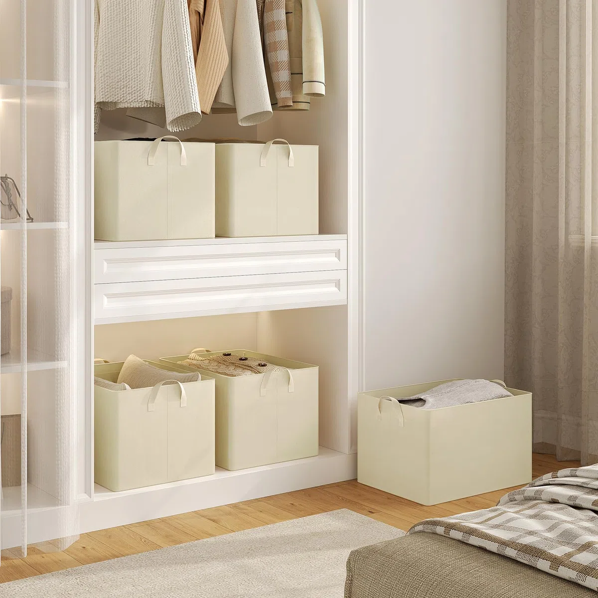 WOLTU Juego de 5 Cajas Plegables,Cajas Almacenamiento Plegables, Cajas Organizadoras de Tela con Asas, Cajas Almacenaje para Ropa y Juguetes en Armarios, Crema, 47x35x30 cm