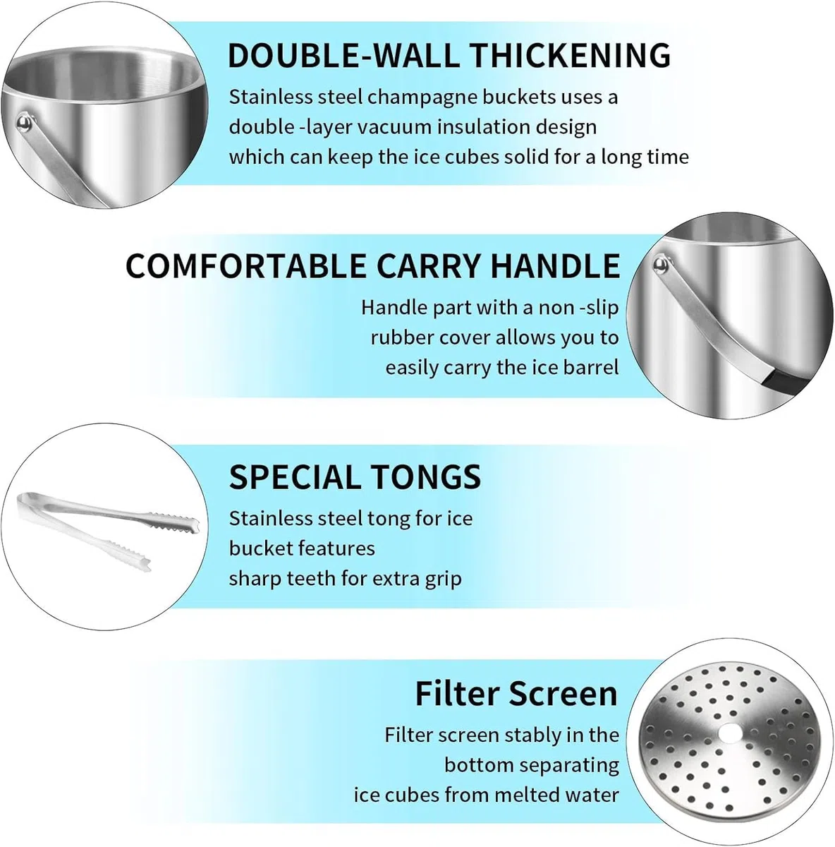 3L cubiteras para hielo grande hielera portátil cubiteras para botellas de doble pared de acero inoxidable champanera con Tapa Colador Cuchara hielo cubitos de hielo y Pinza