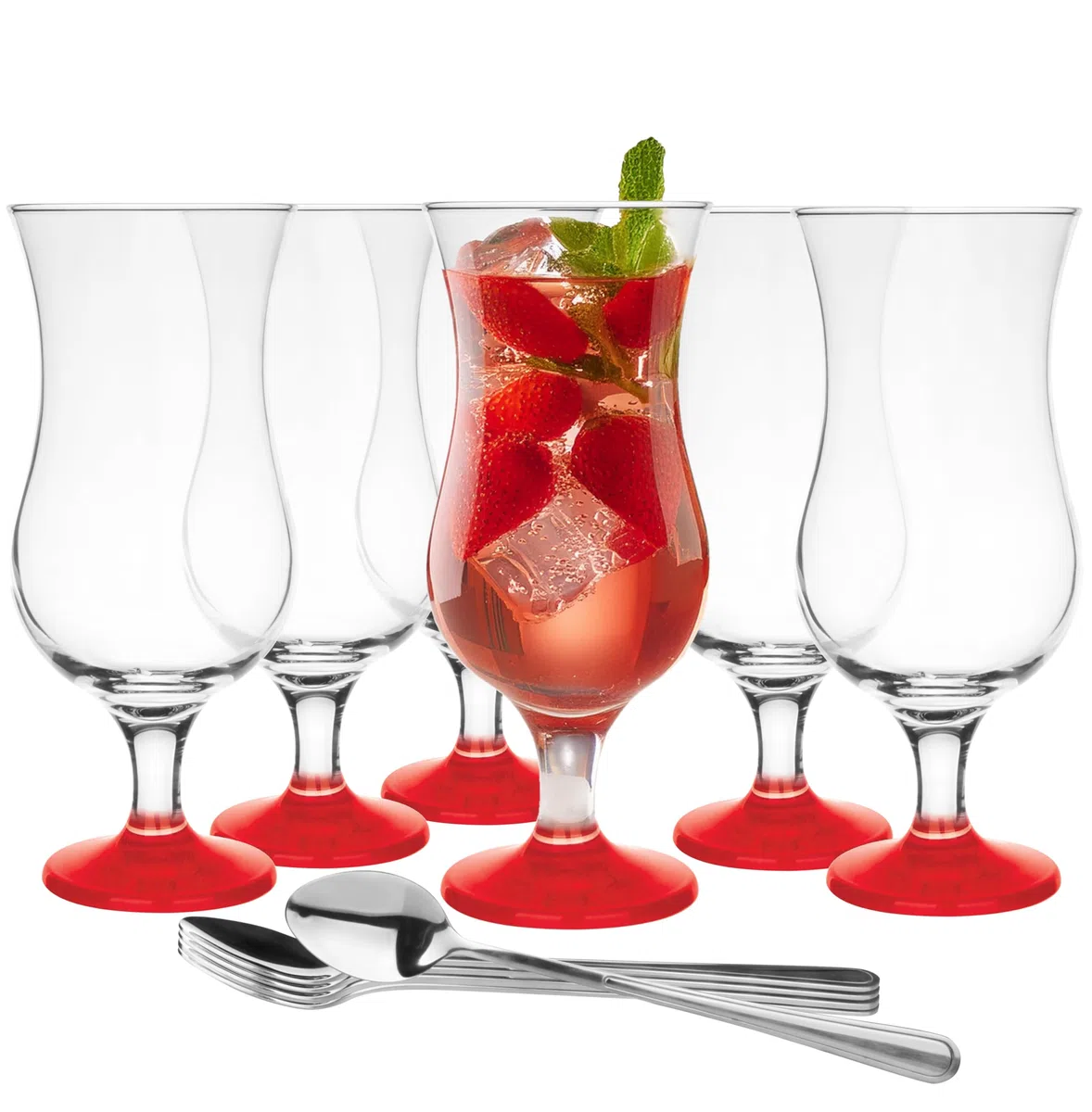 Glasmark KROSNO 1992 Juego De 6 Vasos Para Cócteles En Vidrio Transparente Con Cucharillas Para Zumo Agua Soda 420 ml Fondo De Color Rojo