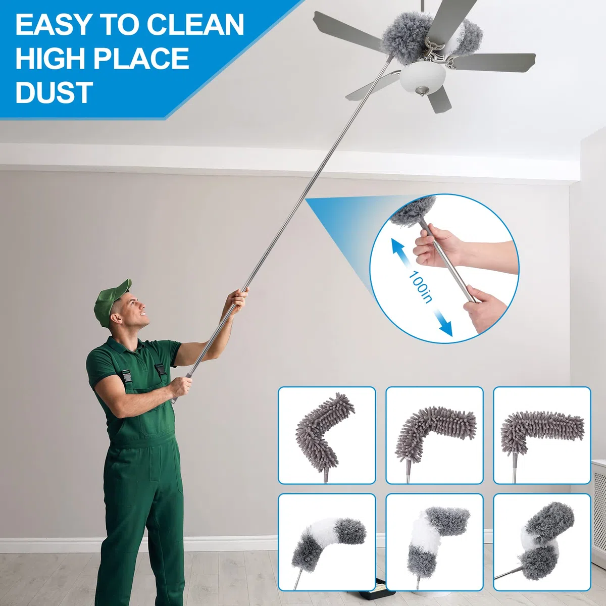 Plumero Extensible de Microfibra (11 Piezas) con Poste de extensión de 100 Pulgadas, Lavable, Reutilizable, Flexible para Limpiar Ventiladores de Techo, Techo Alto, TV, persianas, automóviles