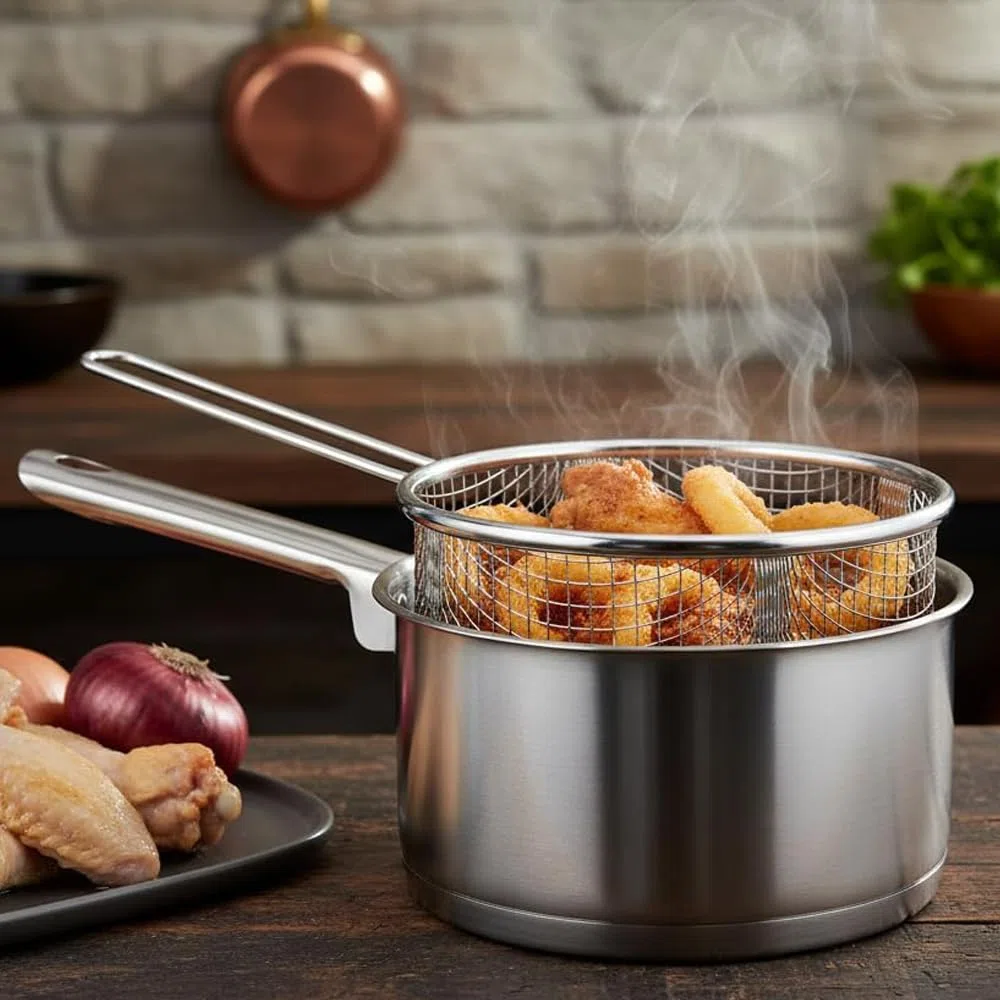 MGE - Cazo de Cocina con Cestilllo Freidor - Cazo Acero Inoxidable con Cesto Freidora - Cazuela Freidora con Cestillo - Ø 16 cm