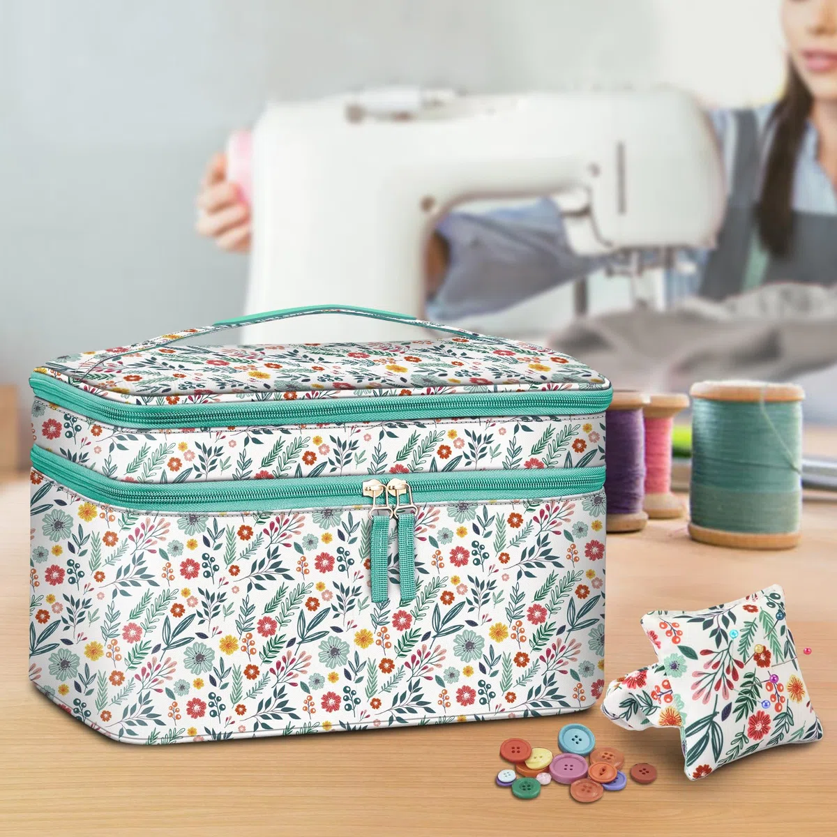 FINPAC Bolsa para Kit de Costura, Doble Capa Organizador de Accesorios de Costura, Costurero Grande para hilo, agujas, tijeras y otras herramientas de costura (Solo Bolsa) (Primavera)