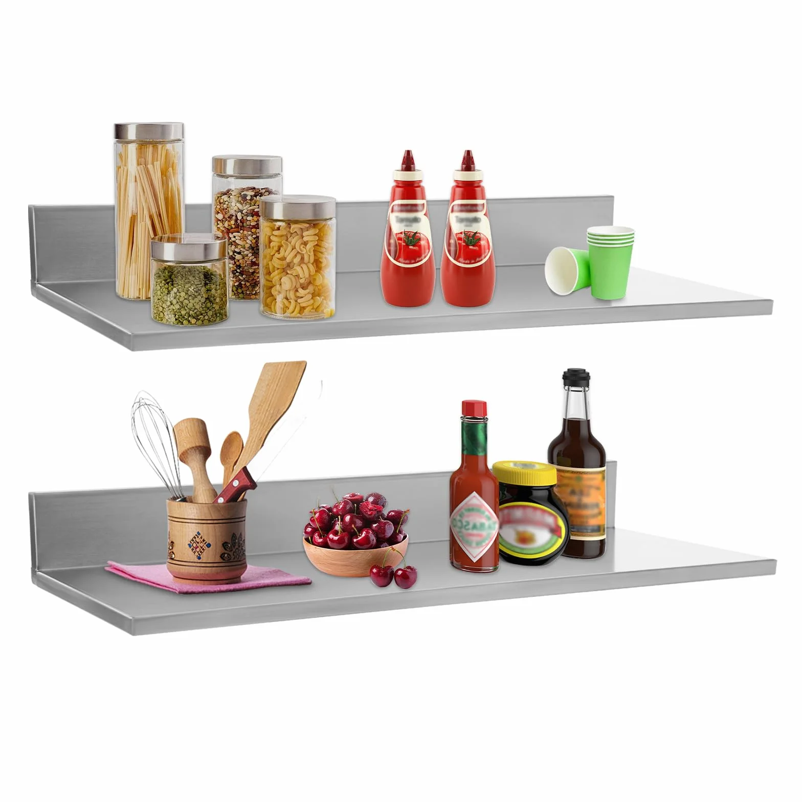 Estantería para especias de pared de acero inoxidable, juego de 2 unidades, estante para especias colgante, 18 kg, estante de cocina para especias, soporte para utensilios de cocina, montaje en