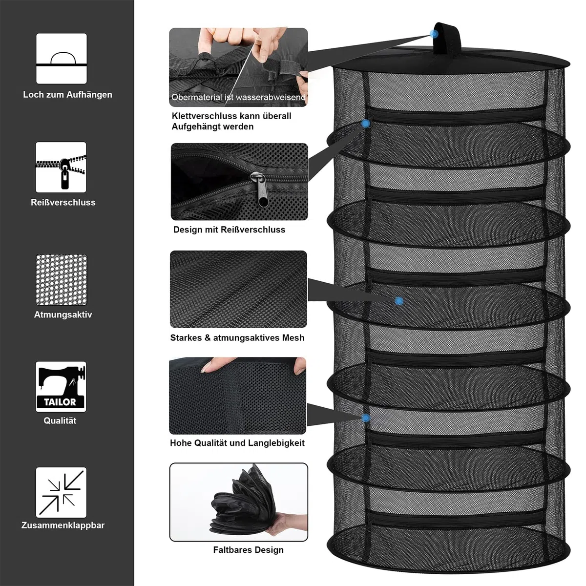 Desy & Feeci Red para secar hierbas de 6 capas, con cremalleras, color negro, 60 x 120 cm