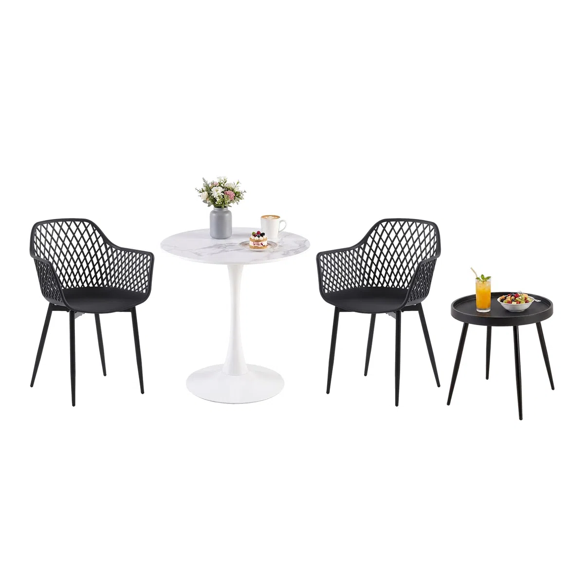 Mesa de restaurante con 2 sillas, pequeña mesa de comedor con 2 sillas | Juego de mesa y sillas para comedor, 2 sillones negros + 1 mesa de café + 1 mesa de mármol - 80 cm