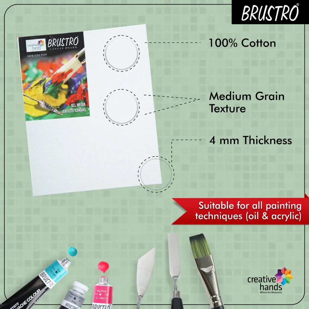 Brustro Artists - Tableros de lienzo 100% algodón, grano medio, 4 mm de grosor, 4 unidades, apto para pinturas al óleo y acrílicas (12 x 12 pulgadas)