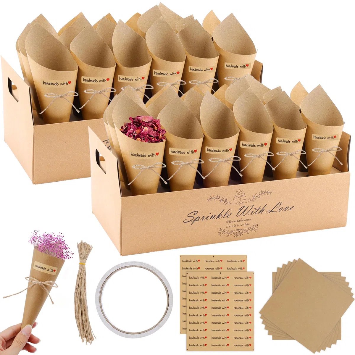 60 Piezas Cucuruchos de Papel Kraft para Bodas, Conos para el Arroz con 2 Caja Soporte para Decoración Fiesta Ceremonia y Contenedor de Pétalos y Confeti