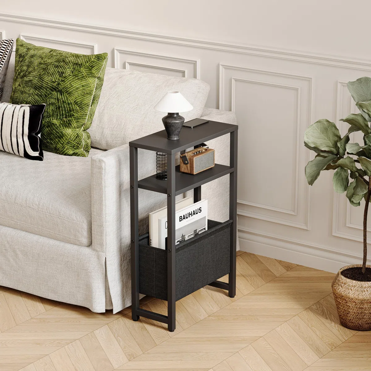 Mesa Auxiliar De 3 Niveles para Espacios Pequeños Mesa Lateral Delgada con Cesta de Tela de Almacenamiento Mesita De Noche Mesas Auxiliares para Sofás para Sala De Estar Dormitorio Negro LET503B