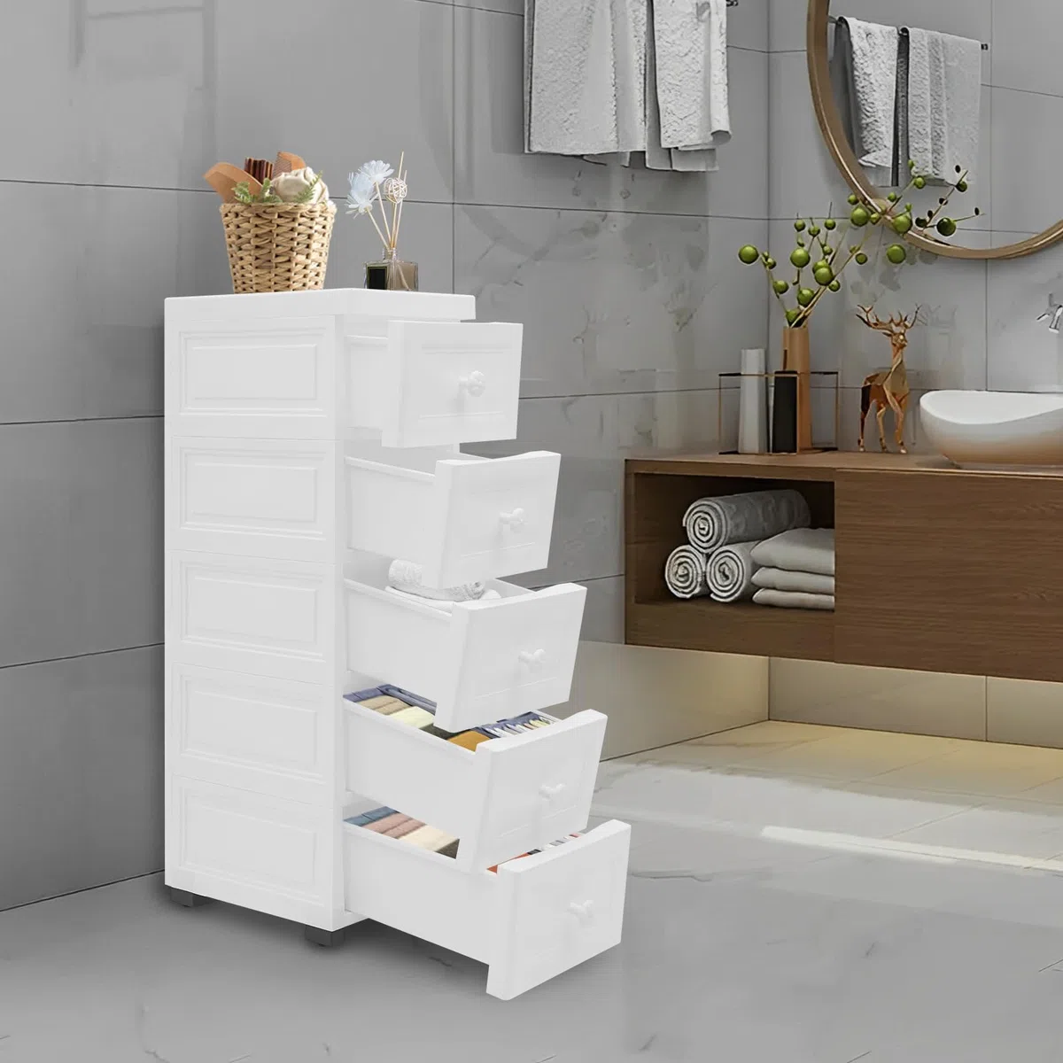 Cajonera de 5 cajones, carrito con ruedas, carrito de cocina, carrito de baño con ruedas, contenedor rodante, carrito multiusos con cajones, para baño, cocina, oficina, sala de estar, dormitorio