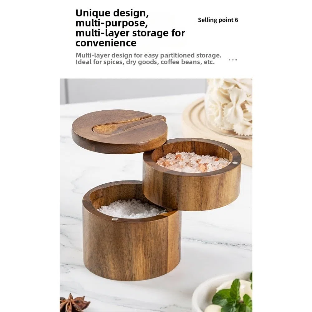 1 salero de madera de acacia con tapa magnética y ranura para cuchara, ideal para guardar especias en la cocina.