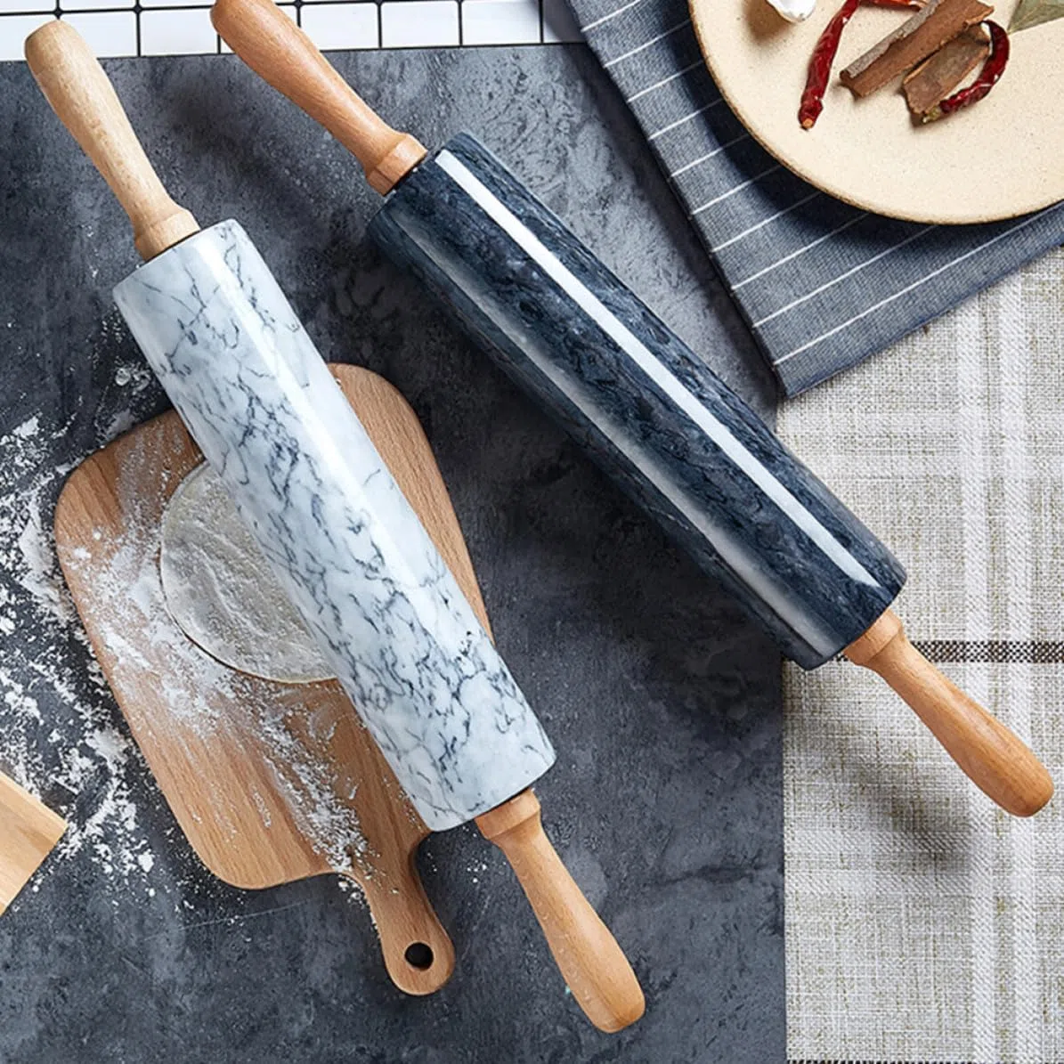 ABOOFAN Rodillo para Amasar Mármol para Mango Hornear de Madera, Práctico de Multiusos Preparación Masa en Repostería de Dumplings