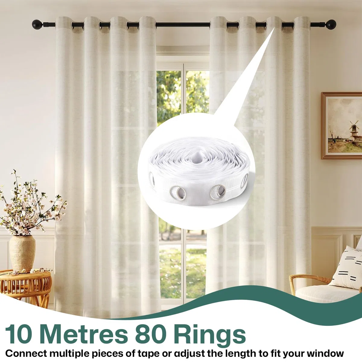 Cinta de cabecera de cortina blanca de 12 m con 96 anillos de ojales (42 mm de diámetro interior) para decoración de cortinas perforadas del hogar