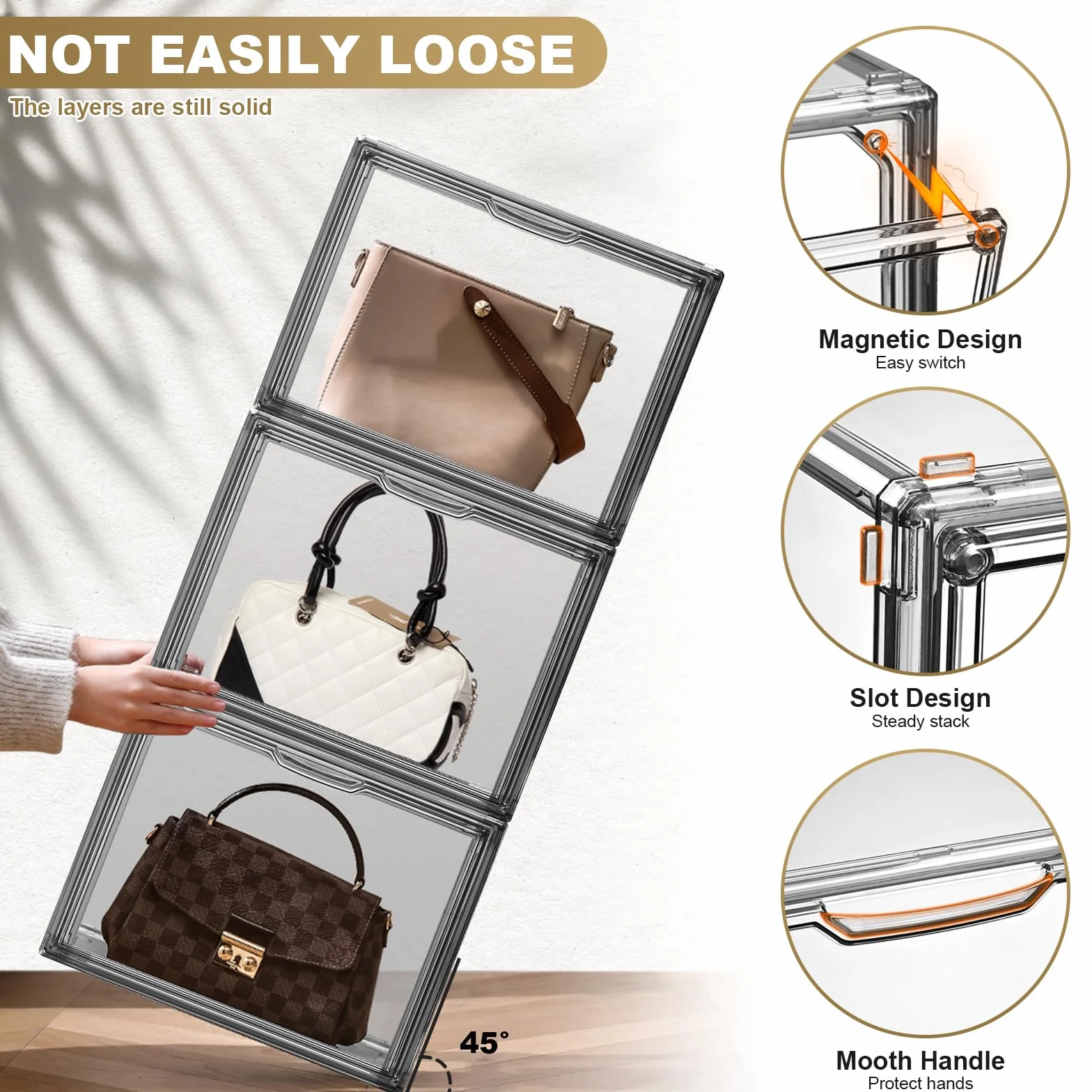 Paquete de 4 organizadores de almacenamiento de bolsos para armario, vitrina acrílica gris transparente para bolso de mano, organizador de almacenamiento apilable con puerta magnética para
