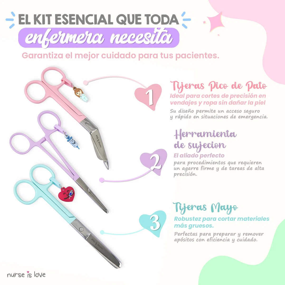 Nurse is Love Set 3uds Tijeras Enfermería Pico de Pato & Rectas Mayo + Herramienta de Sujeción | Tijeras Punta Roma Vendaje, Accesorios Enfermera, Primeros Auxilios, Auxiliar de Enfermería Multicolor