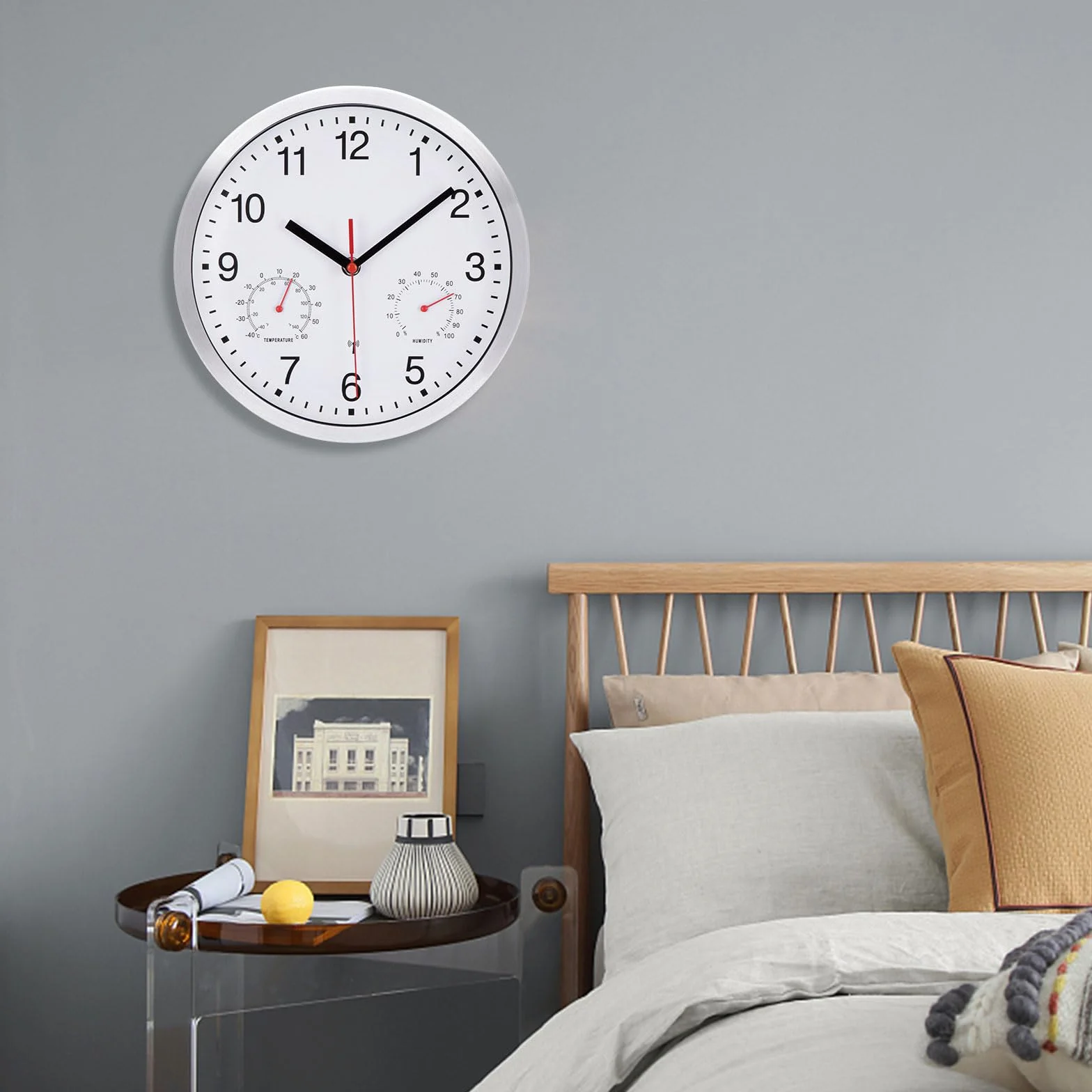 VIVILINEN Reloj de Pared Controlado por Radiofrecuencia con Termómetro e Higrómetro Mecanimo Silencioso Sin Tictac Estilo Moderno Reloj de Pared Decorativo para Cocina Salon Dormitorio