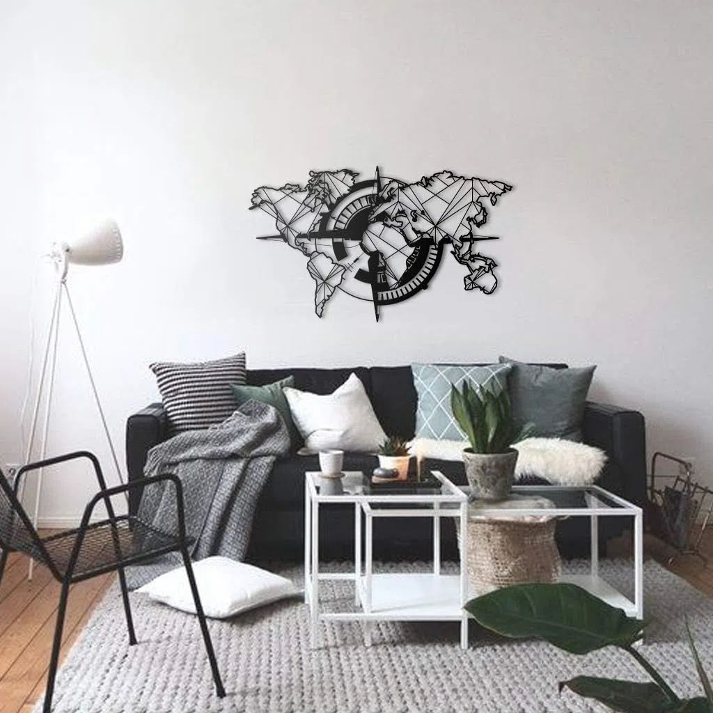 Tubibu - Arte de pared moderno, mapa del mundo metálico, 100% metal, 99 x 55 cm, negro
