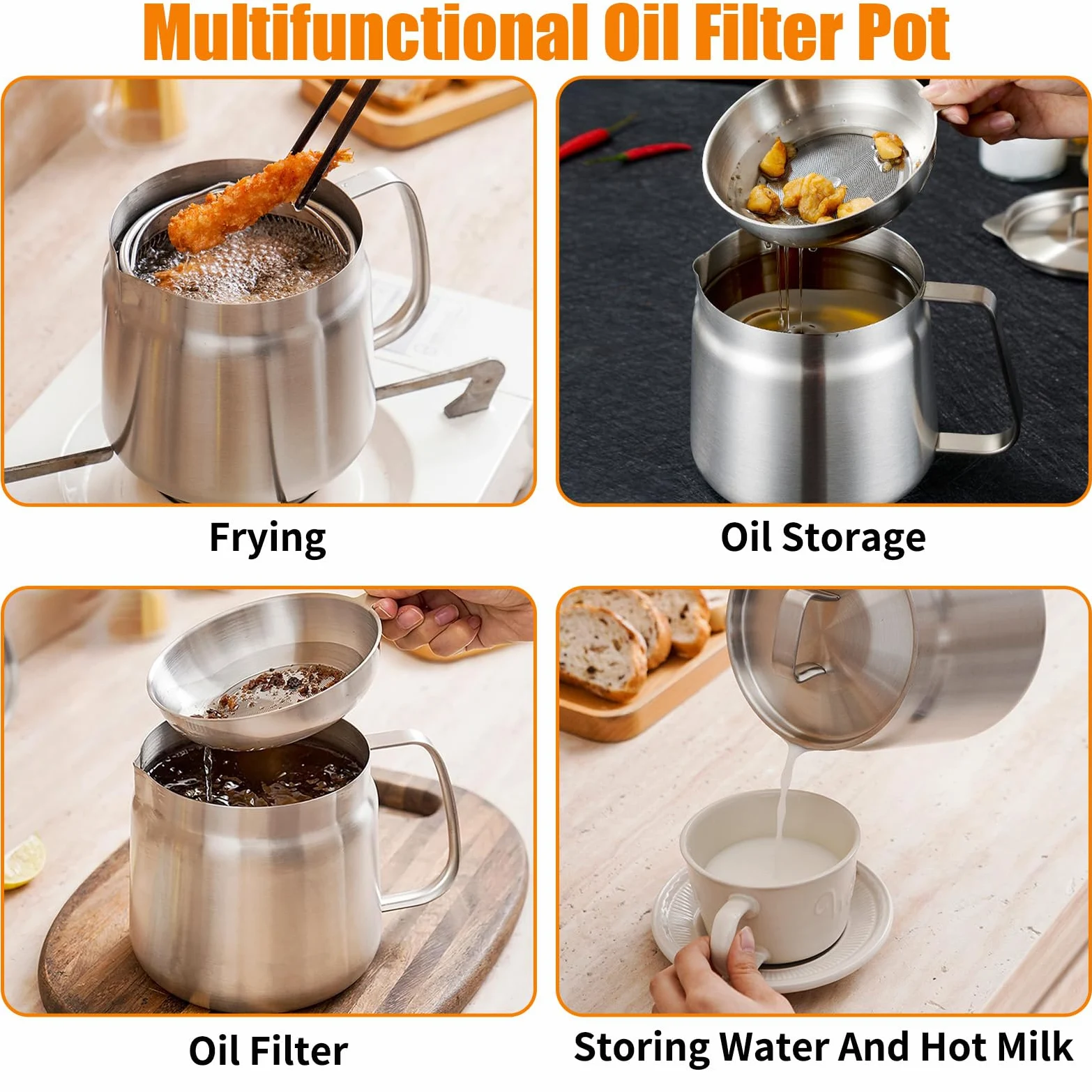 Freidora Acero Inoxidable con Filtro Malla Fina & Cesta, Olla Colador Versátil Tapa Polvo Prueba & Engrasadores, Recipiente Cocina Aceite Capacidad Gran para Grasa, Freír, Cocinar Almacenar (2 L)