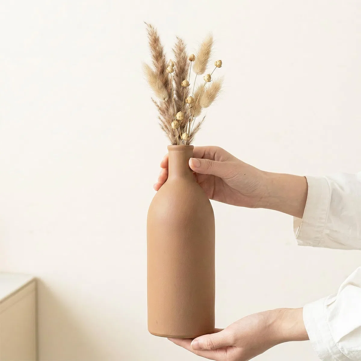 Juego de Jarrones de Cerámica 3 Piezas | Jarrón Decorativo Iconico para Pampas y Flores Secas | Decoración de Mesa Moderna en Beige y Marrón | Jarrón Alto Escandinavo Boho Neutral para Salón