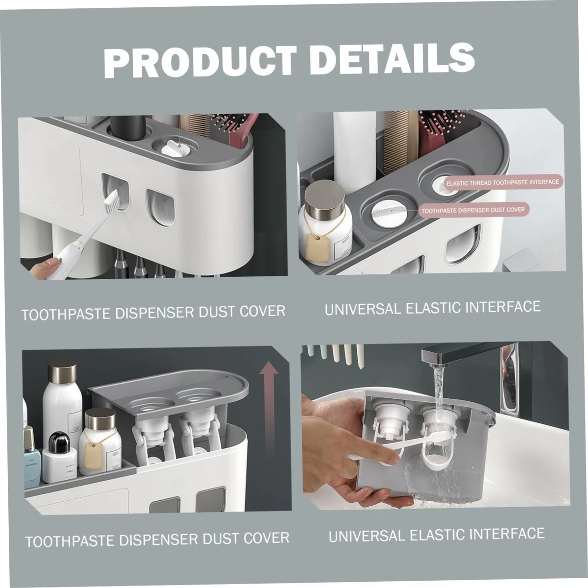 Dispensador automático de Pasta de Dientes con 4 Tazas, Soporte para cepillos de Dientes montado en la Pared, Organizador de baño sin Taladro, Estante de Almacenamiento de ABS Gris..