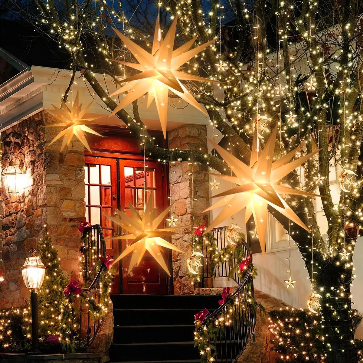 KATELUO Estrella Luminosa 3D Estrella Plegable, 45cm Estrella Iluminada con Función de Temporizado, Estrella de Arbol de Navidad, Estrella Navideña 3D para Decorar árboles de Navidad Fiesta Balcones