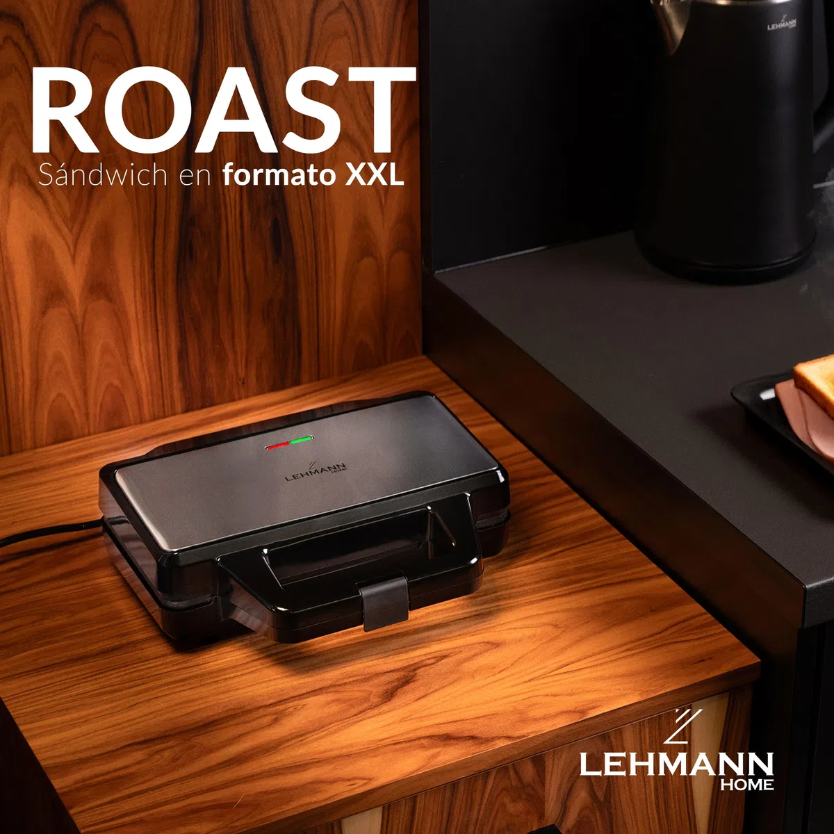 LEHMANN Sandwichera XXL - Placas Extra Grandes - Tostadora Sandwichera Grande - 2 Sándwiches Americanos en Forma de Concha - Revestimiento Antiadherente - Indicador de Listo - Limpieza Fácil, 1000W