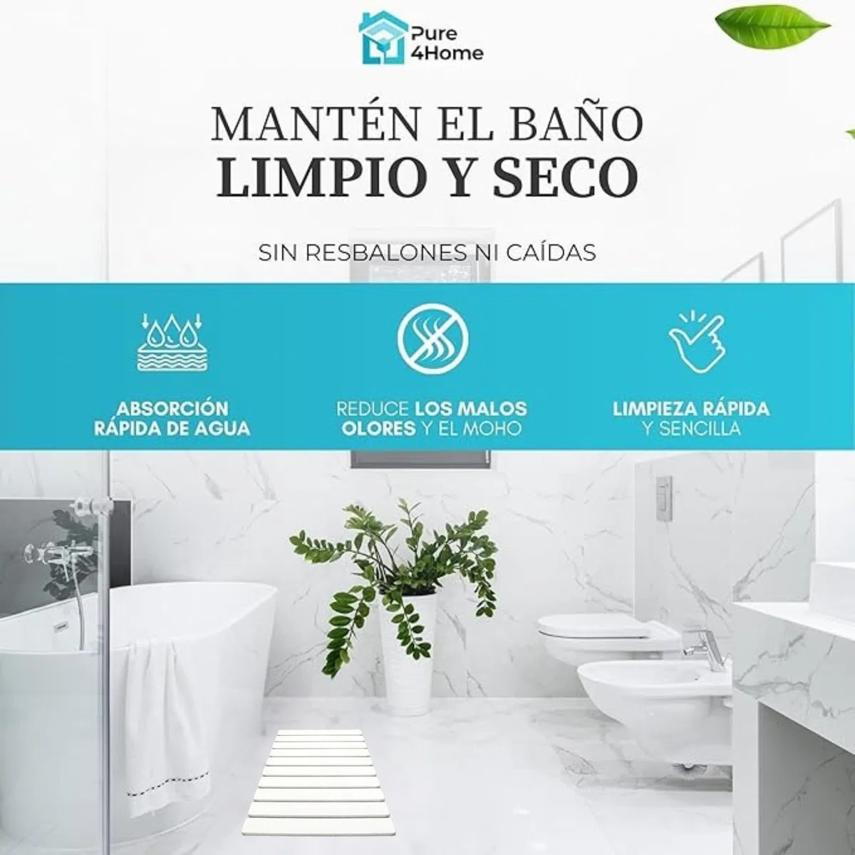 Pure 4Home Alfombra de Baño de Diatomita Plegable 60x39cm | Piedra Absorbente con Malla Antideslizante para Ducha o Cocina | Secado Rápido y Antibacteriana | Alfombra de Piedra Diatomita (Blanco)