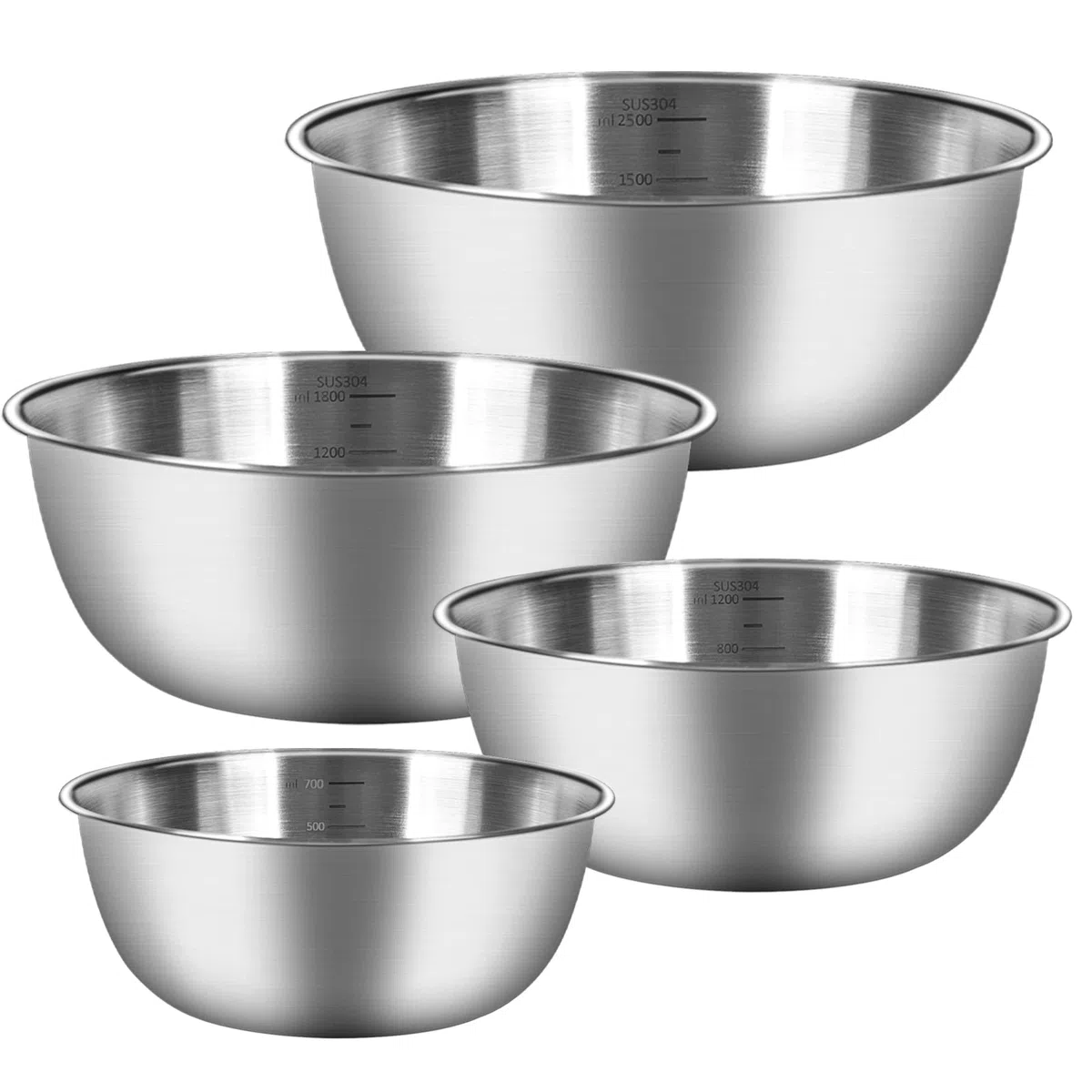 Cuencos Cocina Set de 4 Ensaladeras de Acero Inoxidable, 4 tamaños - 0.7 L/ 1.2 L/ 1.8 L/ 2.5 L, 4 Boles Aptos para Lavavajillas y Apilables
