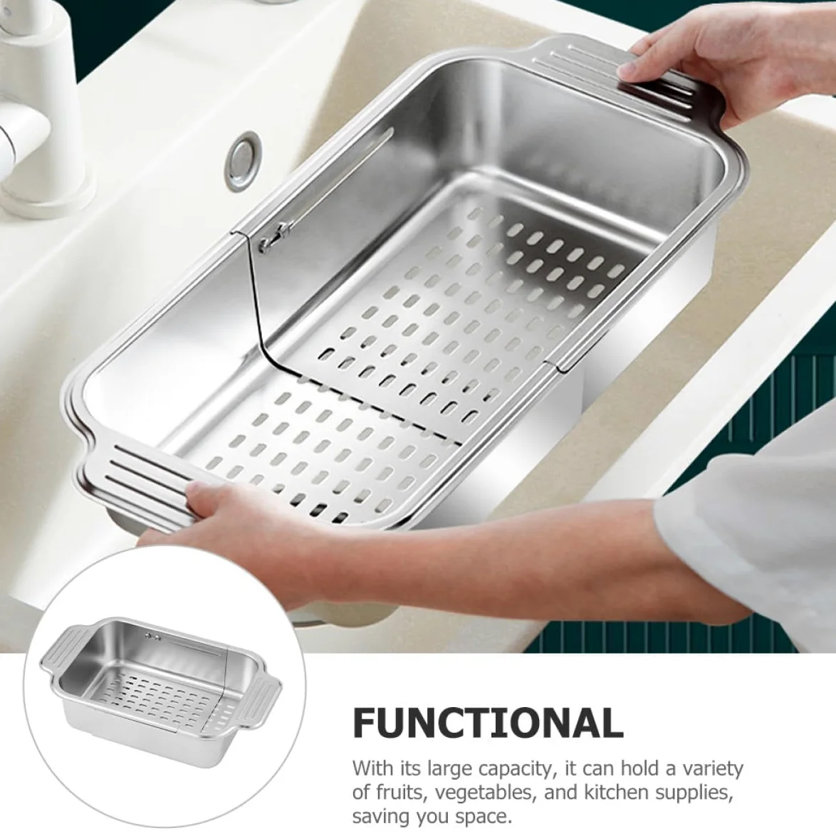 BESPORTBLE Cesta Coladora Expandible de Acero Inoxidable 304 para Fregadero, Escurridor Grande (34-44 Cm), Filtro de Residuos de Cocina y Colador para Verduras y Frutas