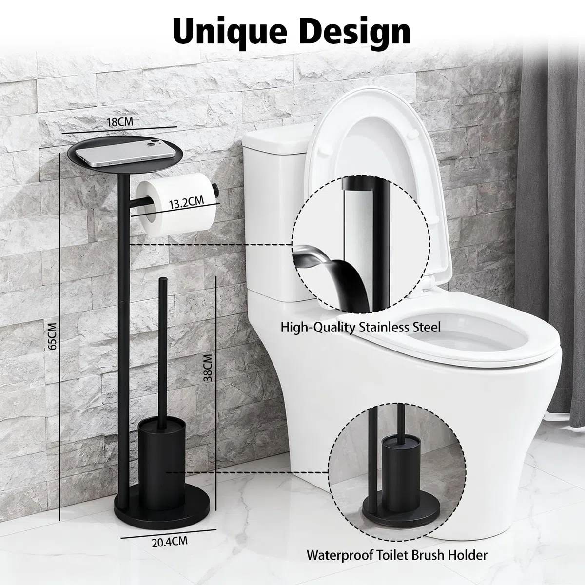 Portarrollos de Papel Higiénico de Pie con Escobilla y Estante Superior - Soporte de Acero Inoxidable Antoxidante, Almacenamiento para Reserva, Estable y Fácil Montaje Sin Taladro para Baño