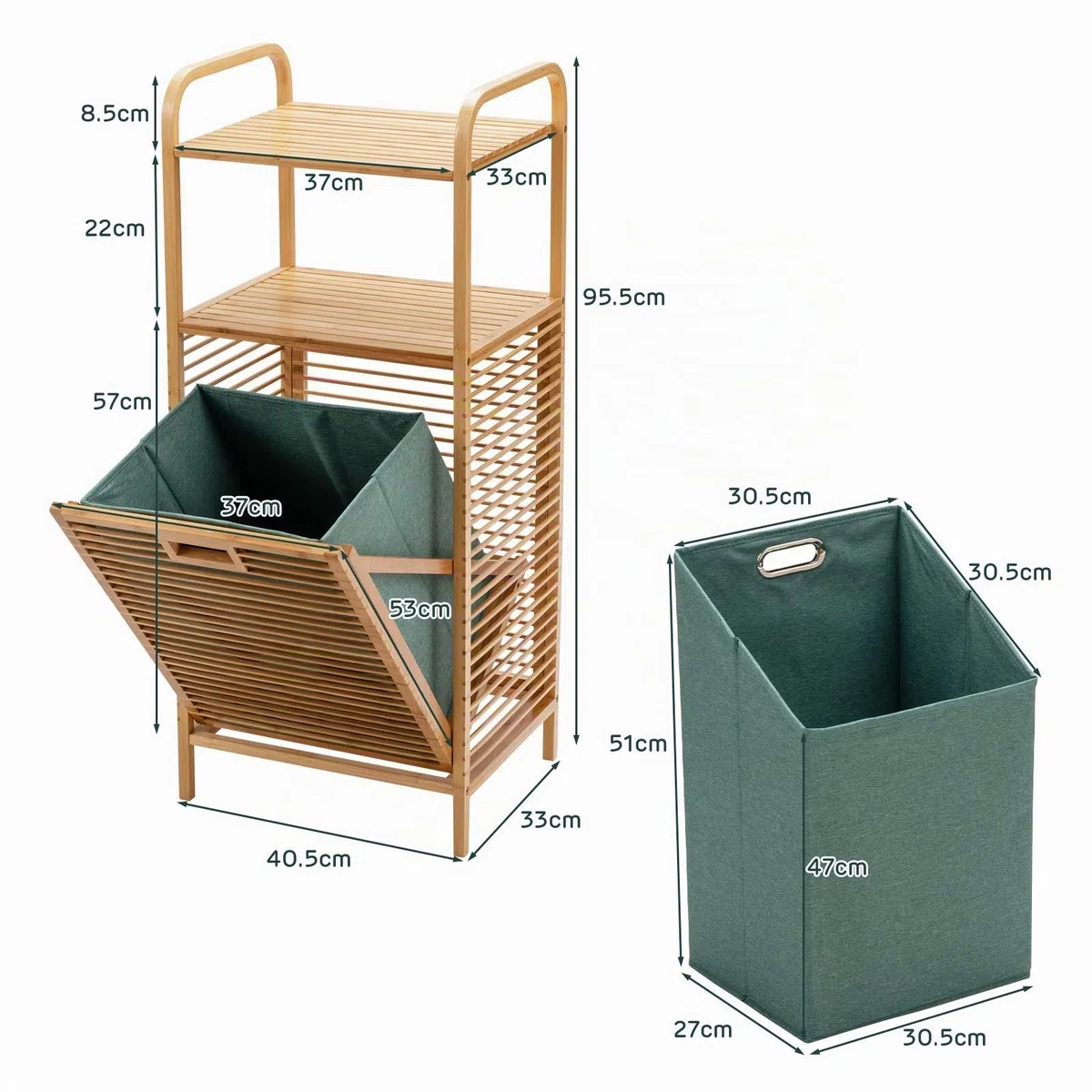COSTWAY Estantería de Baño con Cesto para Colada, Mueble Ropa Sucia, 2 Estantes Abiertos para Baño Lavandería y Armario, 40,5x33x95,9 cm