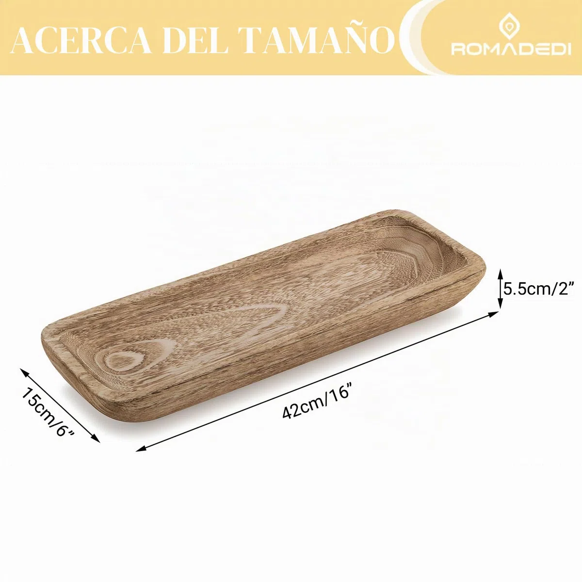 Romadedi Bandeja decorativa de madera, bandeja decorativa alargada, bandeja para llaves, bandeja de madera, rectangular, decoración de mesa, mesa de comedor, salón, artículo decorativo, cuenco para