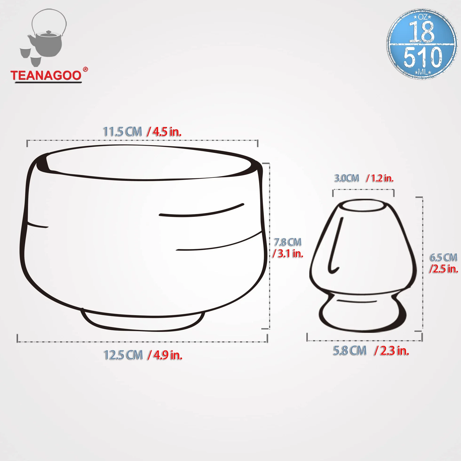 TEANAGOO Cuenco Te Matcha,Tazón de Cerámica Japonesa Matcha con Soporte para Batidor, 18 OZ K14, Azul