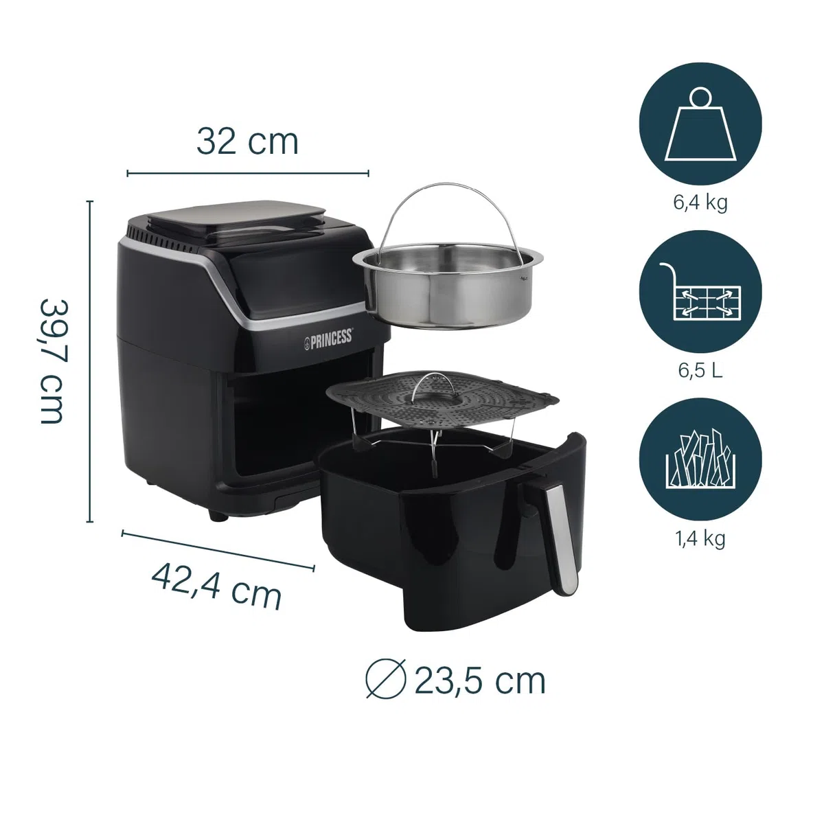 Princess 182080 Freidora sin aceite y vaporera 2 en 1 multifunción, capacidad 6.5 L, Ahorra hasta un 62,2% de energía, 8 programas, panel digital táctil, recetario en PDF y accesorios incluidos