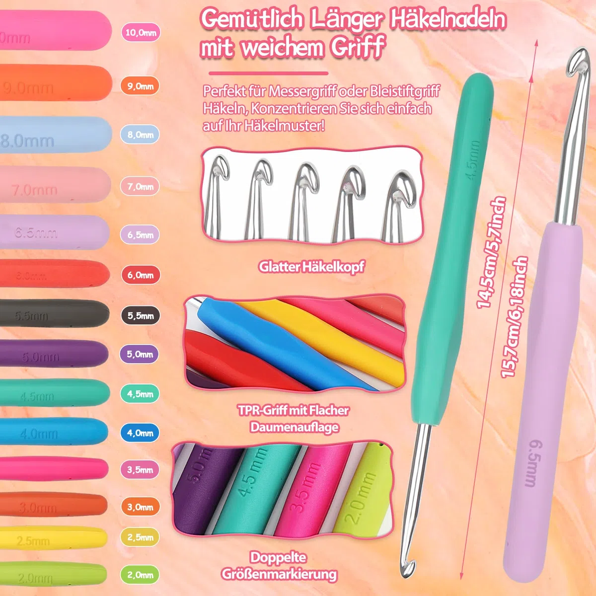 Coopay Juego de 73 agujas de ganchillo para principiantes, juego de agujas de ganchillo portátiles con 15 lana, bolsa, accesorios de ganchillo, 2,0-10 mm, agujas de ganchillo ergonómicas con mango