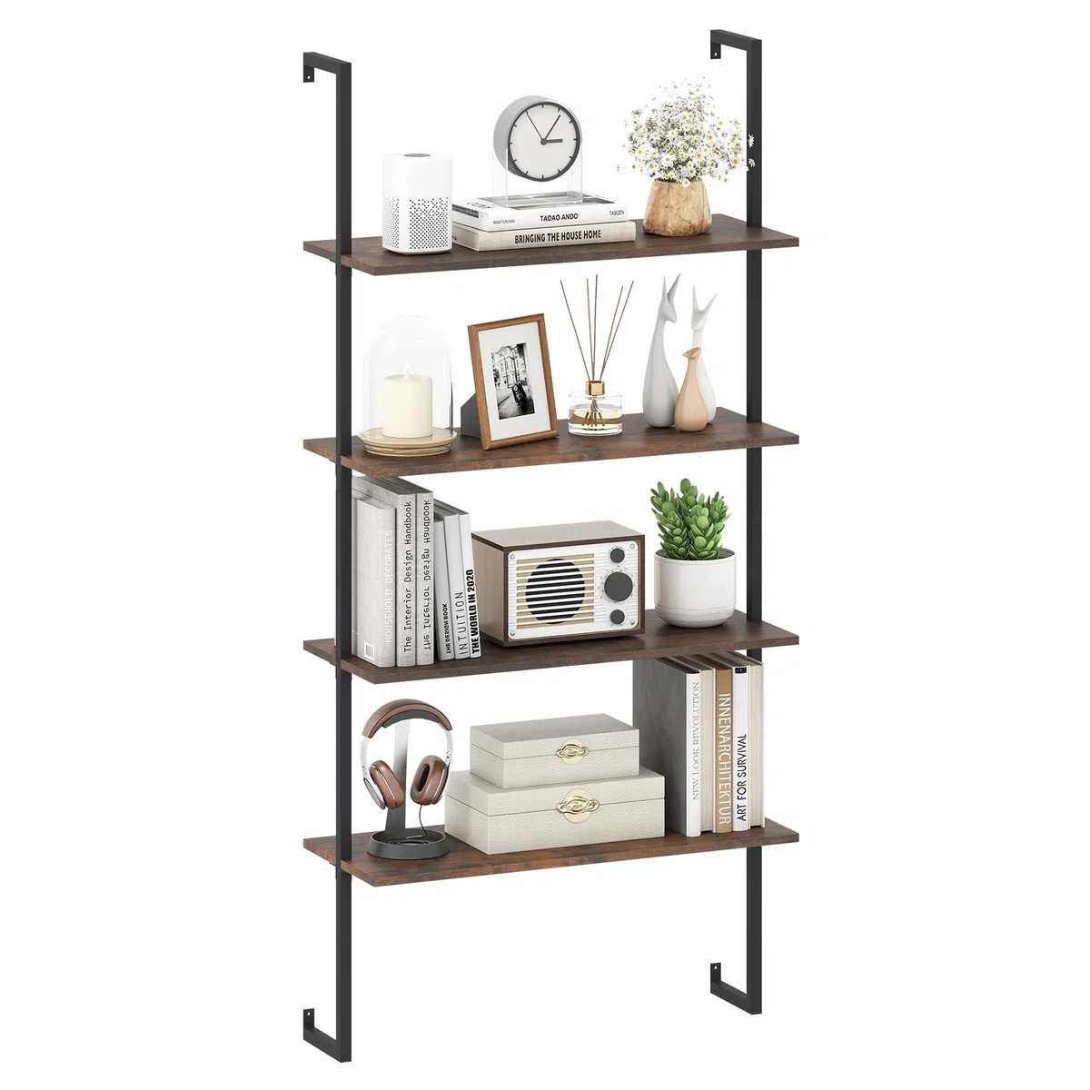 COSTWAY Estanteria Escalera 4 Niveles, Estantería Librería Madera de Pared, Marco de Metal, Salon Baño Dormitorio Habitación, 76 x 30 x 163 cm