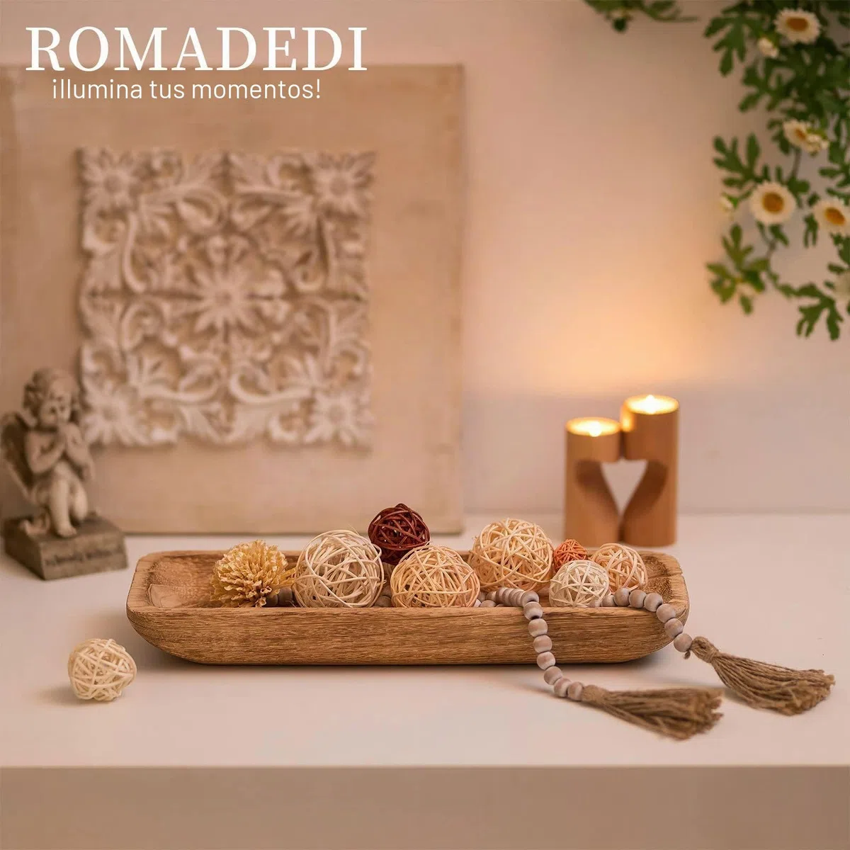 Romadedi Bandeja decorativa de madera, bandeja decorativa alargada, bandeja para llaves, bandeja de madera, rectangular, decoración de mesa, mesa de comedor, salón, artículo decorativo, cuenco para
