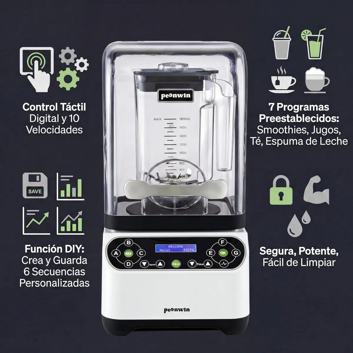 Batidora de Vaso Profesional Insonorizada | 2200W Potencia Industrial con Cubierta Antiruido (Noise Cover) | Programable DIY Pantalla Digital | Picadora de Hielo y Smoothies para Bar y Cocina | 1,8L