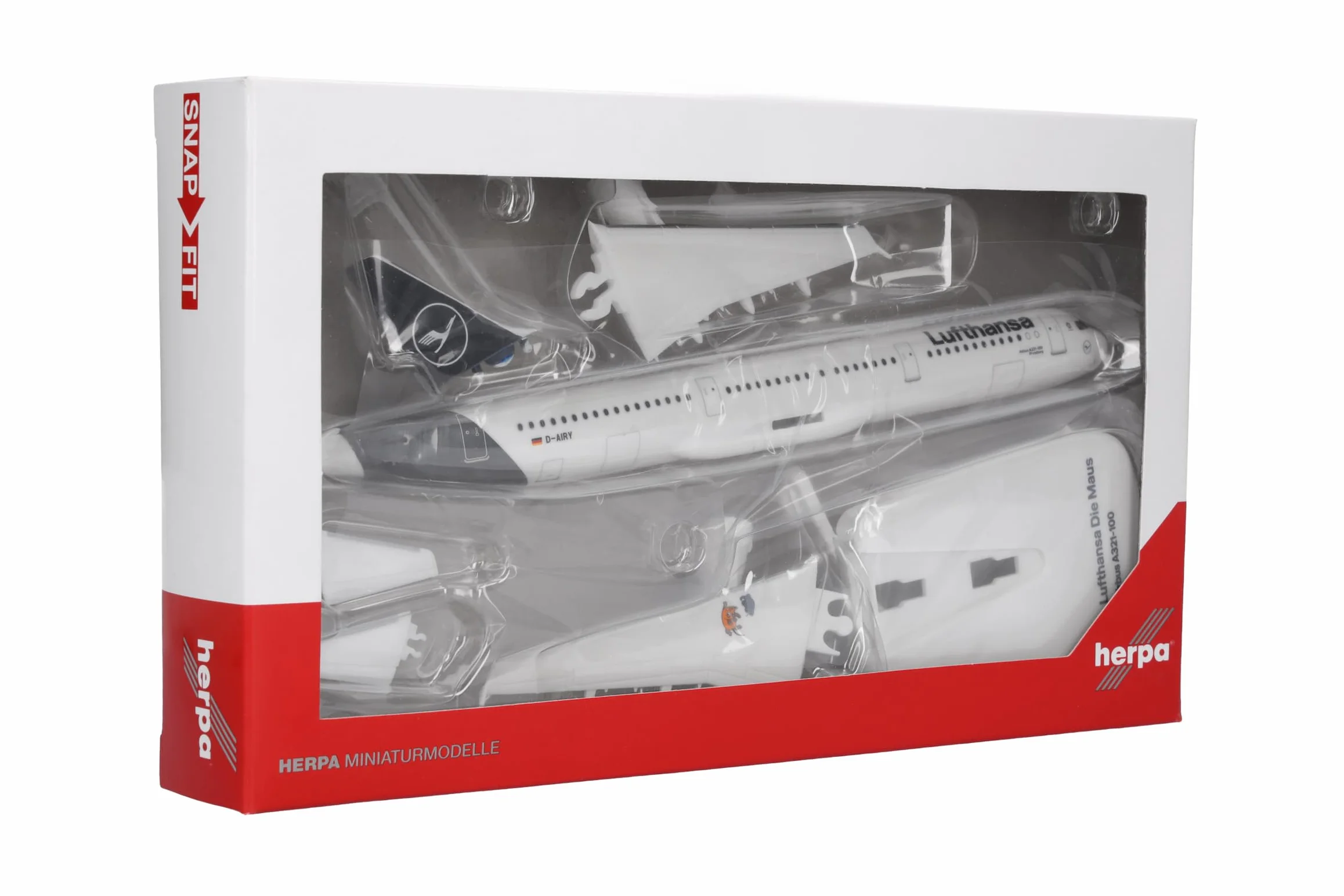 Herpa 612432 - Airbus A321, El Ratón, biplano de Lufthansa, Alas, aeromodelismo con Soporte, construcción de maquetas, Modelos en Miniatura, Objeto de colección, Encaje a presión, Multicolor