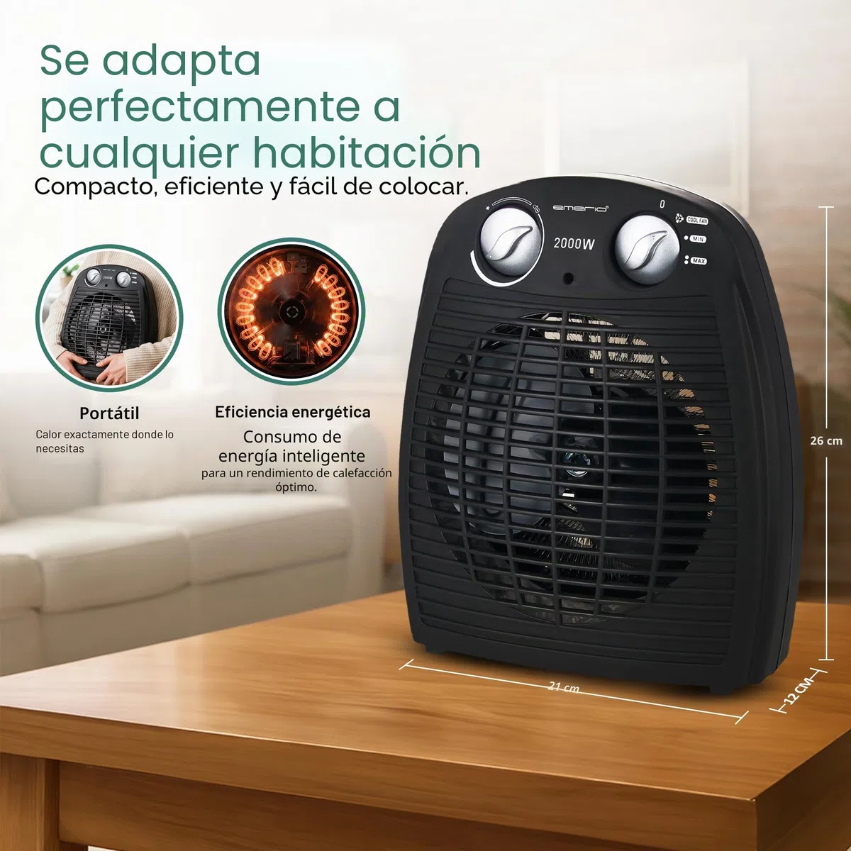 Emerio FH-106737.2 - Pequeño termoventilador compacto para 20 m², 2 potencias de calefacción + función de ventilador, termostato ajustable, interruptor de seguridad, asa, 2000 W