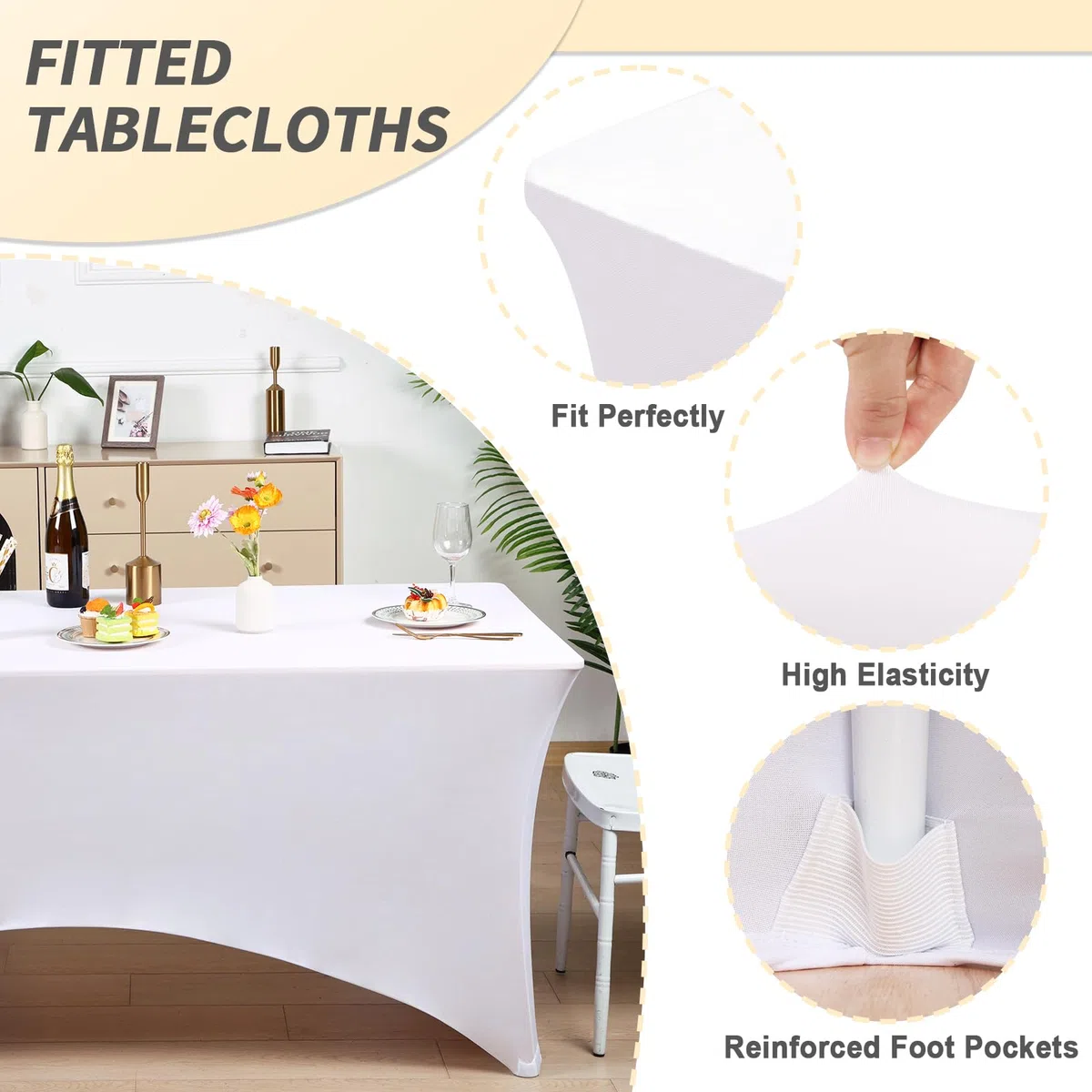Fixwal Paquete de 10 manteles rectangulares de elastano elástico de 8 pies para mesa de patio, eventos, bodas, banquetes, fiestas (blanco, 96 pulgadas de largo x 30 pulgadas de ancho x 30 pulgadas de