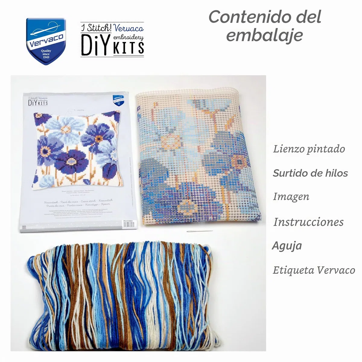Vervaco Punto De Cruz Kit Cojin Decorativo ANÉMONAS AZULES Manualidades Adultos Decoracion Bordar Kit Principiantes Completo DIY Bordado Creativo Regalo ca. 40x40 cm Cross Stitch Embroidery