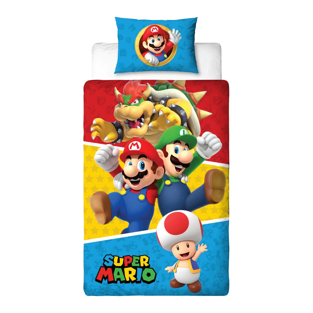 Nintendo Super Mario - Juego de Funda de edredón para Cama Individual, diseño de divisiones, Funda de Cama Reversible de 2 Caras, Producto Oficial con Funda de Almohada a Juego, Juego de Cama