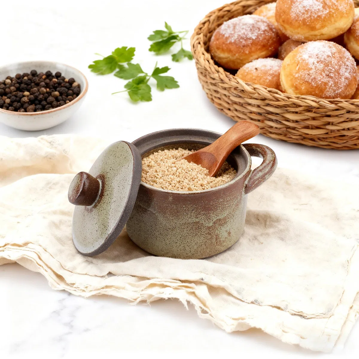 Yitexin Salero de porcelana moteada de 8.5 onzas con tapa y cuchara de madera, soporte para plato de sal de pimienta hecho a mano, tarro de especias esmaltado, recipiente para encimera de cocina