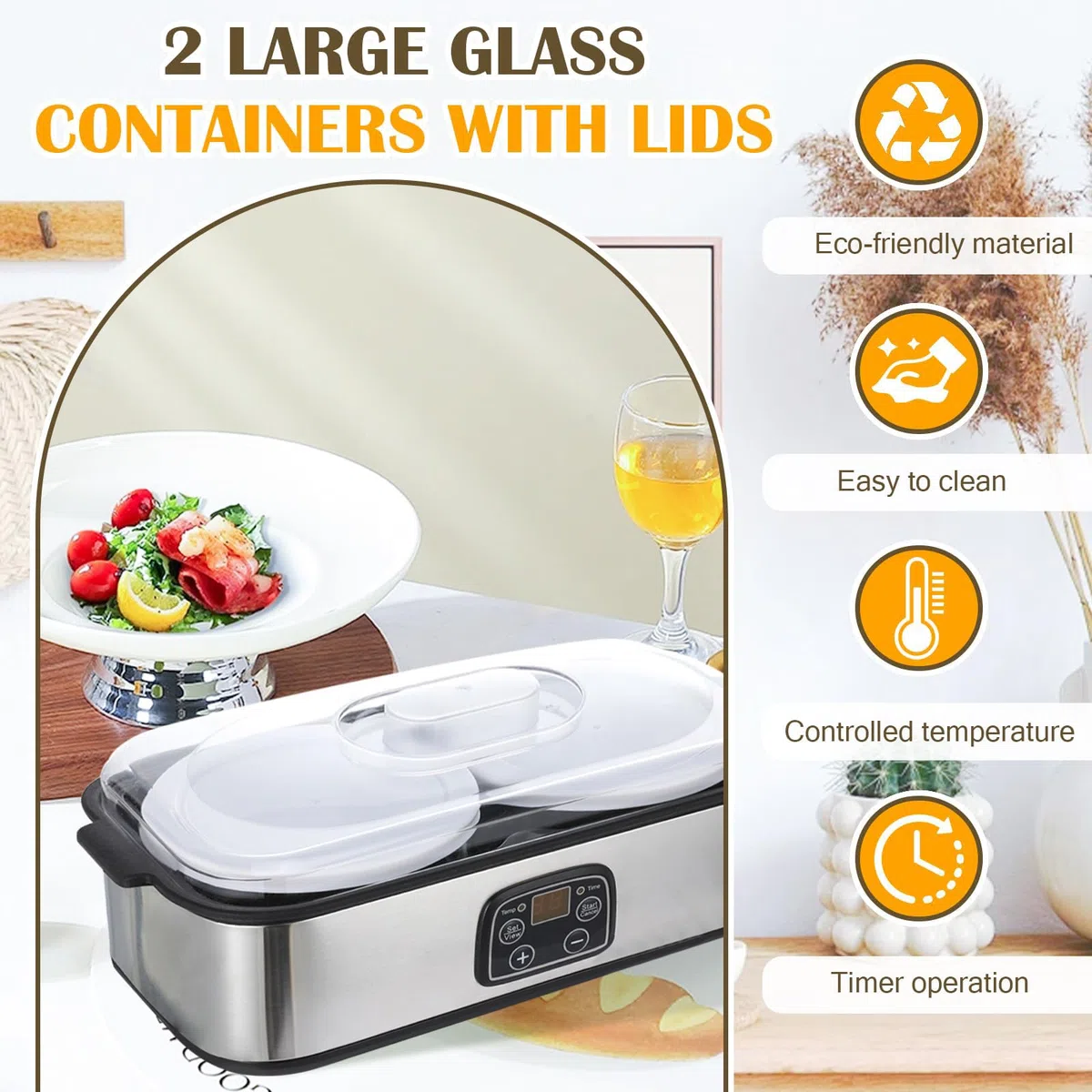 Yogurtera para Yogur Probiótico con Tiempo y Temperatura Ajustables | Incluye 2 recipientes de vidrio; máquina automática para yogur griego, ideal para preparar yogur casero saludable y postres.