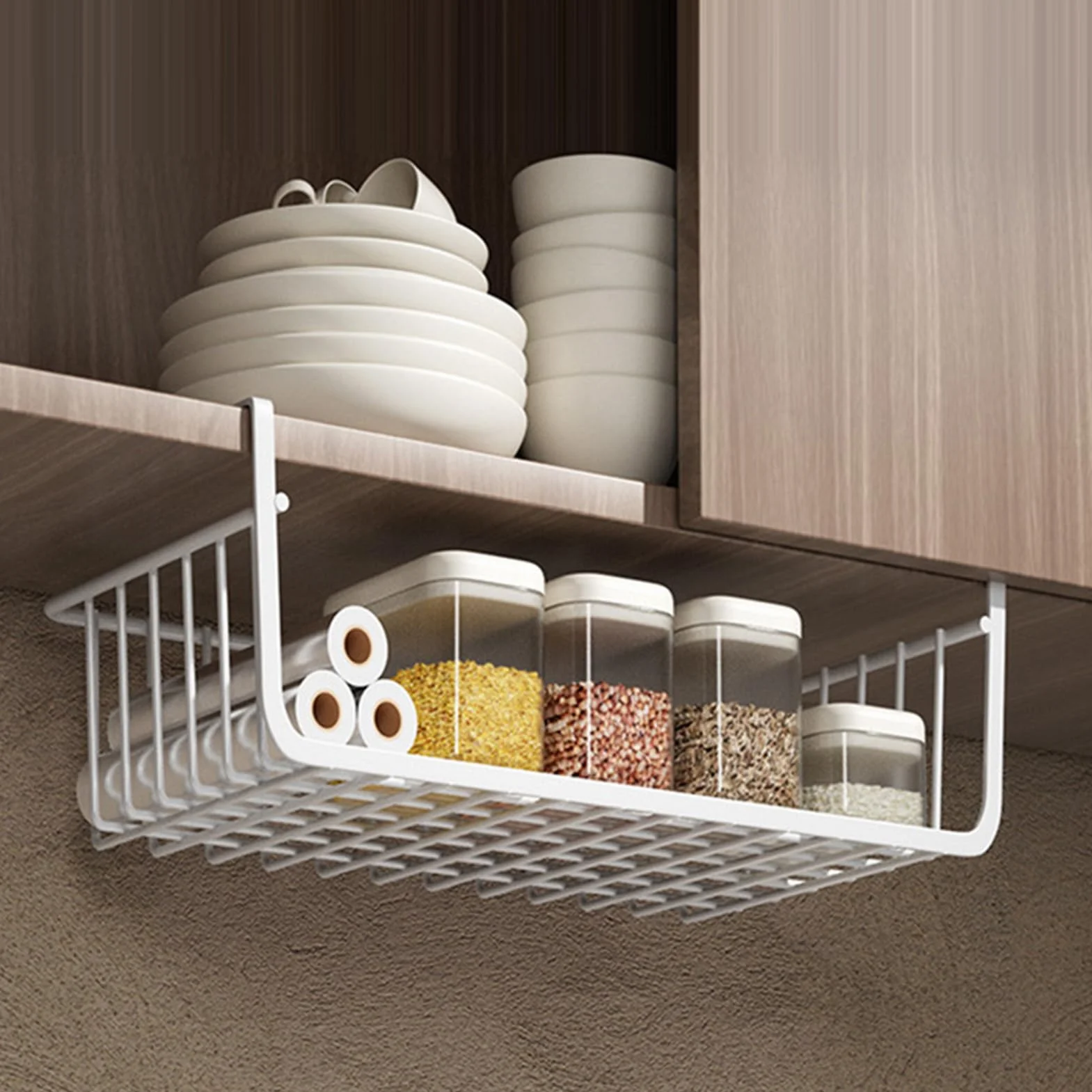 BEIJIALY 2 Piezas Cesta de Almacenamiento Colgante Debajo del Estante, Organizador de Metal para Debajo del gabinete, Cesta de Alambre Multiusos de Metal para Cocina, Oficina, despensa, Escritorio