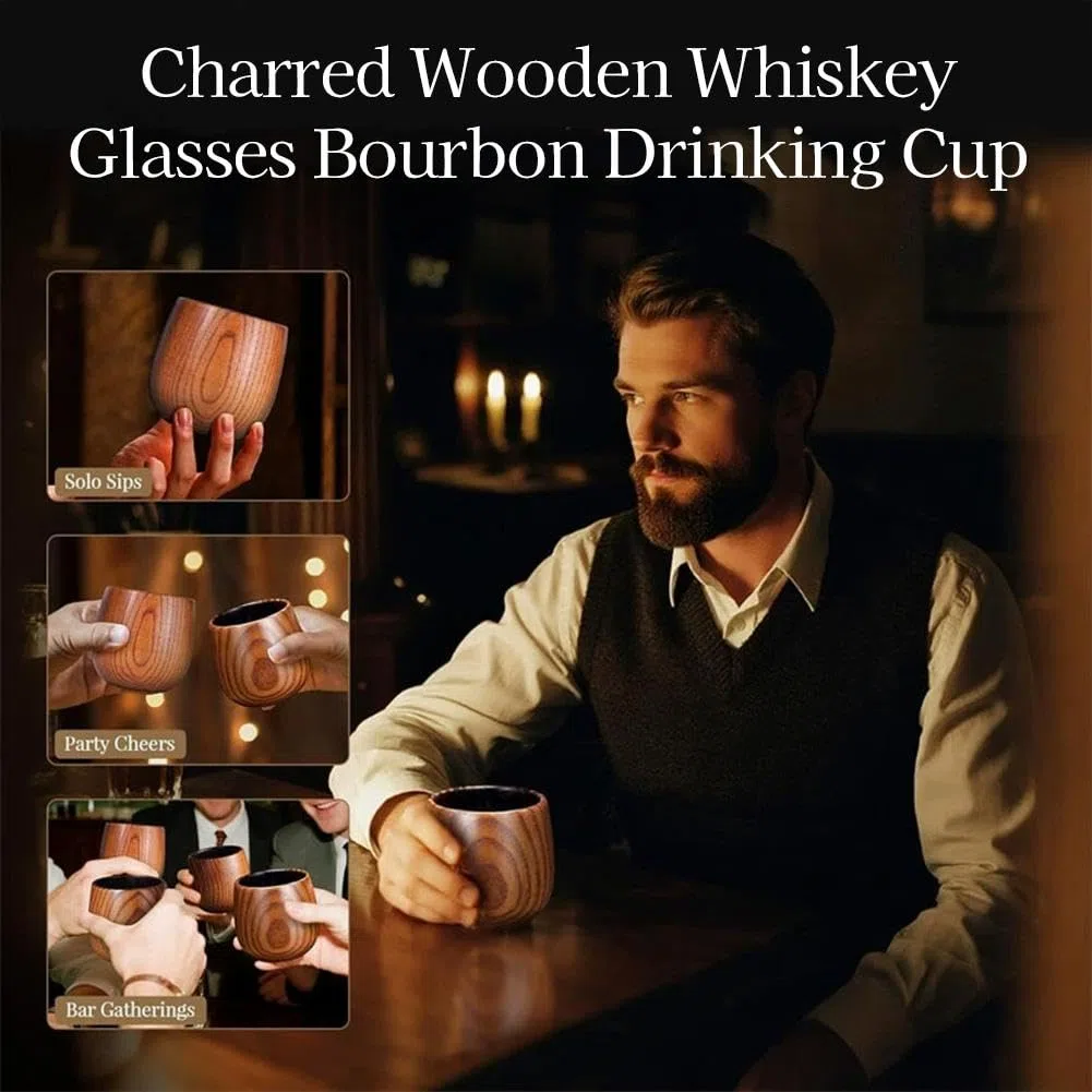 Juego de 2 vasos de whisky de madera carbonizada, vidrio carbonizado antiguo con 2 piedras de acero inoxidable y clip, regalos únicos hechos a mano para hombres, papá, aniversario, 8.8 onzas