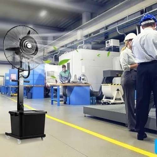 Ventilador oscilante industrial con 3 velocidades, soporte y nebulizador para garaje, jardín, gimnasio o uso en interiores, 750 mm